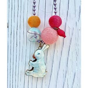 Ball Chain Charm Necklace,Fuzzy beads, Murano glass, Vtg. Enamel Bunny, plus